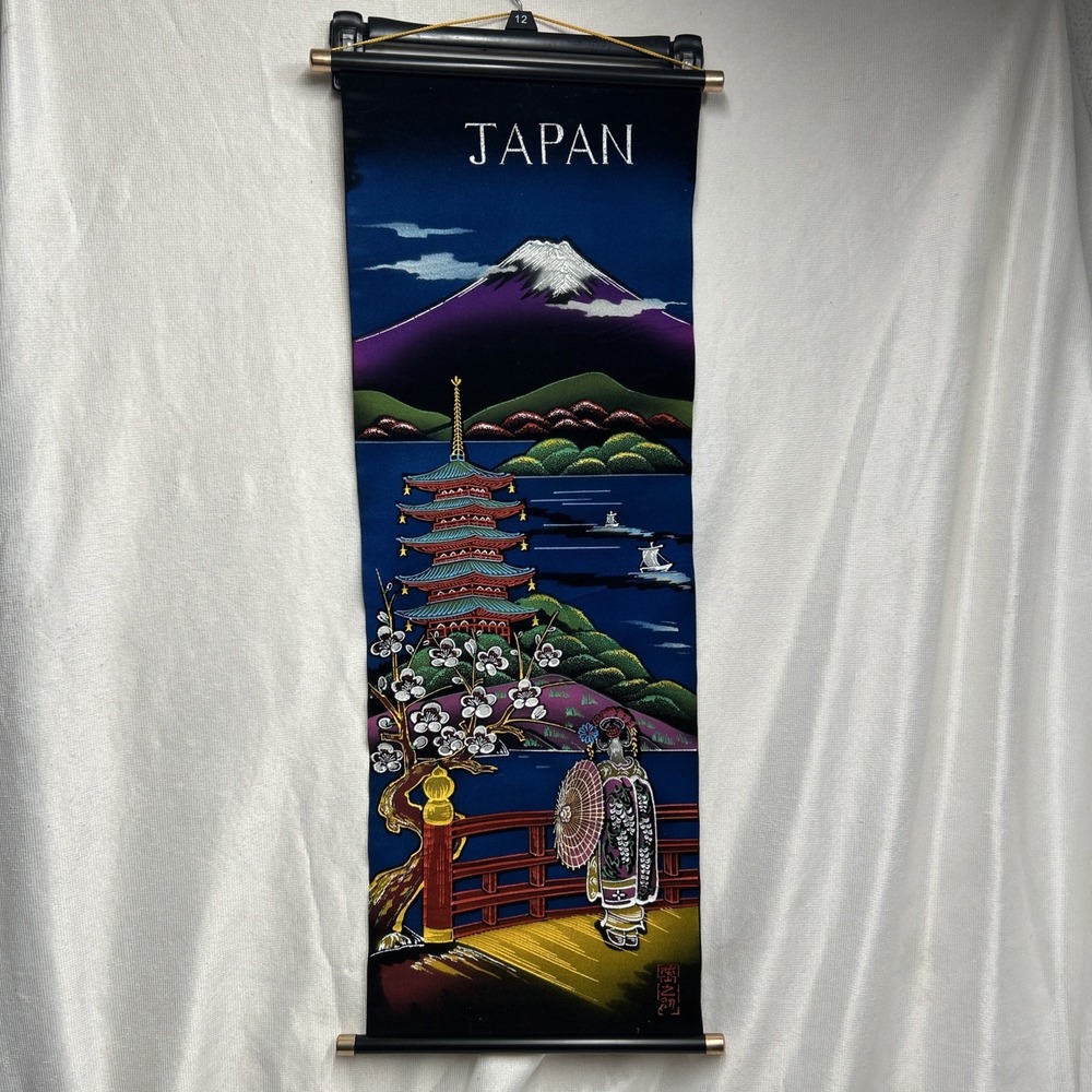 VTG Velvet Hand Painted Scroll Wall Hanging Textured Japanese Scroll 11x32.